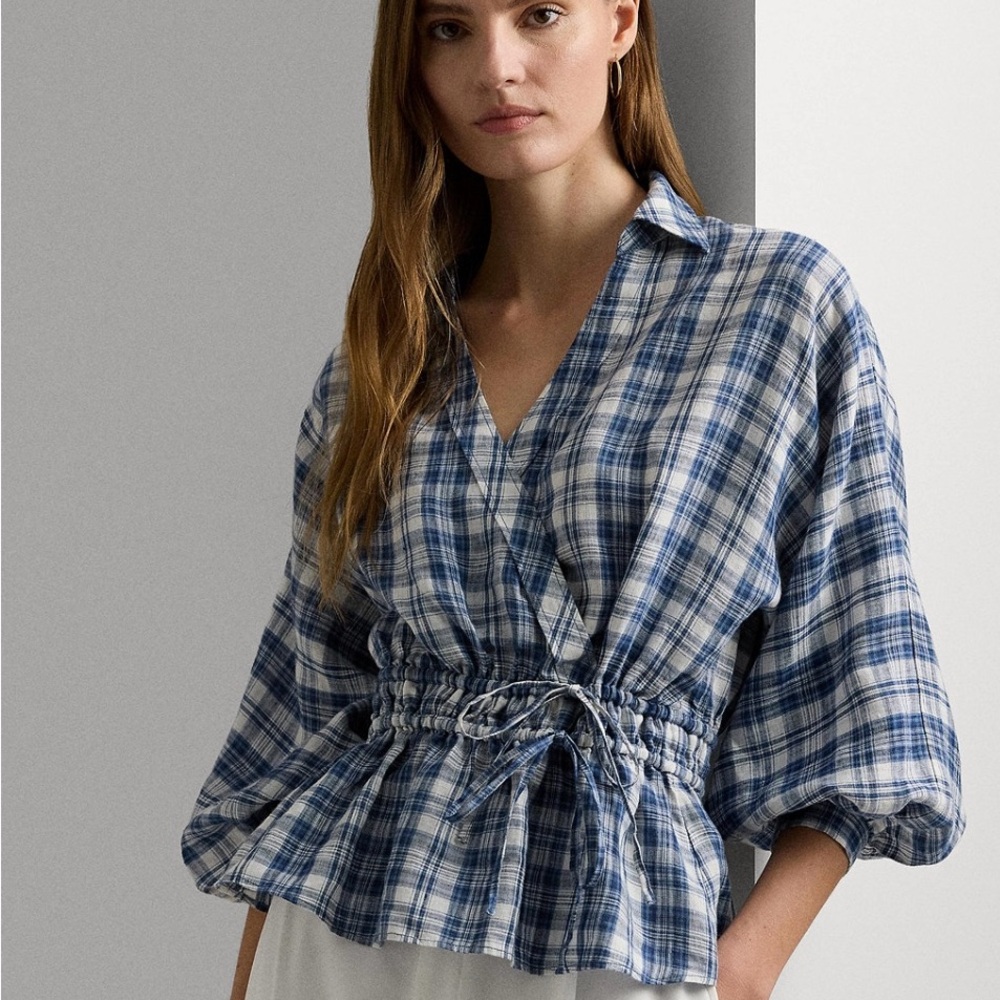 Ralph Lauren Linen Blouson-Sleeve Blue and White Peplum Blouse